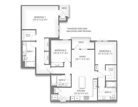 Floor plan for 3 beds, 3 baths, 1693 sqft